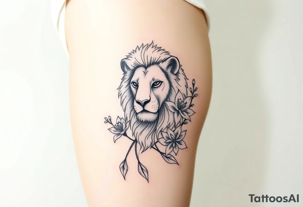 Lion with larkspur and water lilies tattoo idea