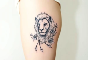 Lion with larkspur and water lilies tattoo idea