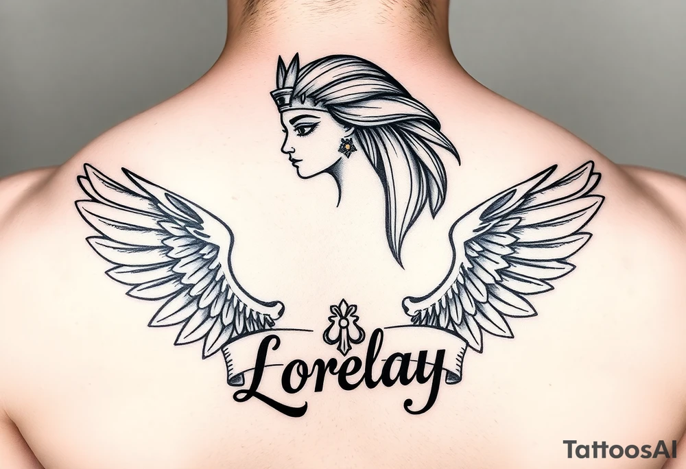 Créame un diseño en miniatura para el bíceps de un personaje principal chica 
de la cultura de egipcia con el nombre de lorelay escrito por debajo del diseño tattoo idea