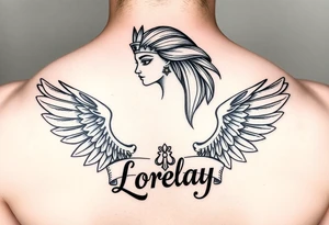Créame un diseño en miniatura para el bíceps de un personaje principal chica 
de la cultura de egipcia con el nombre de lorelay escrito por debajo del diseño tattoo idea