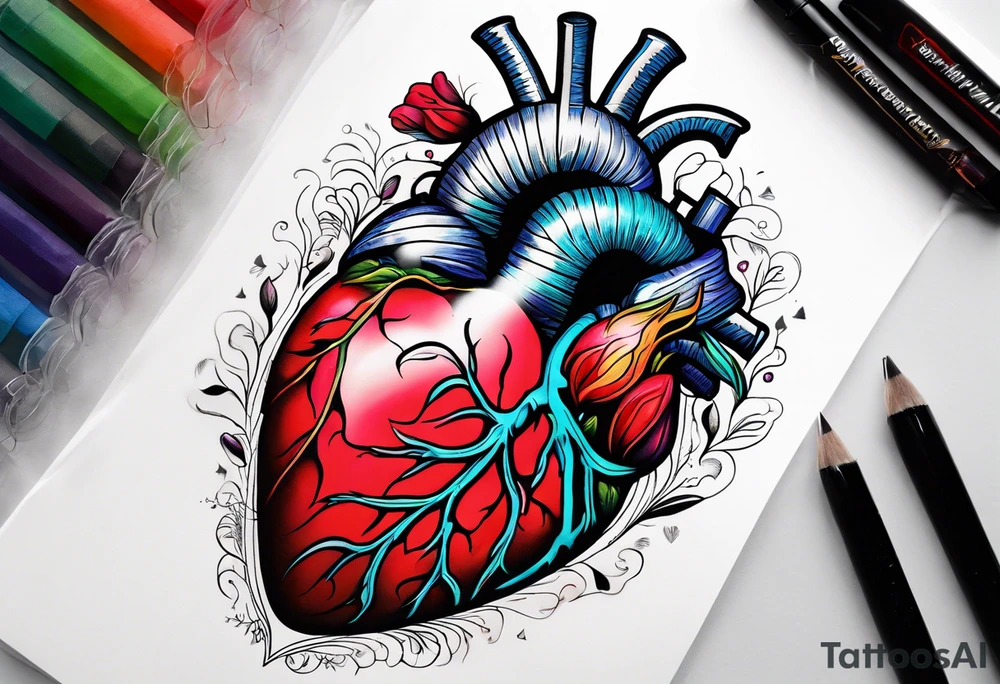 Dying anatomical human heart tattoo idea