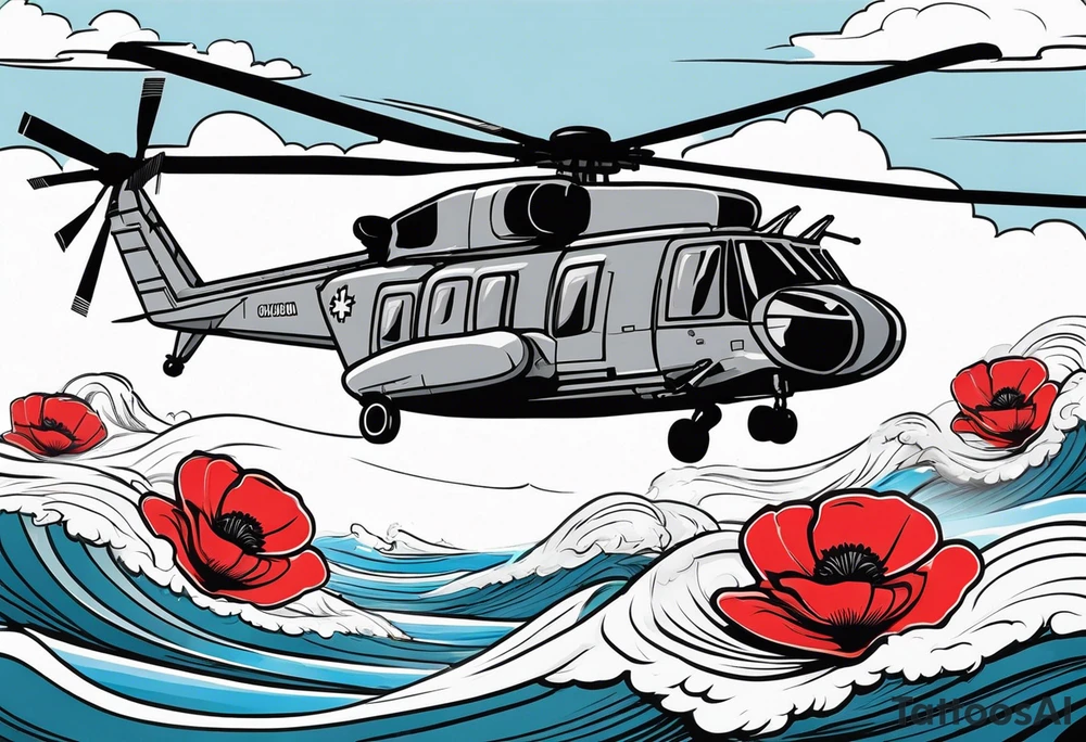 Canadian military grey CH-148 Cyclone helicopter soaring low over rough, ocean waves. A poppy flower be prominently displayed tattoo idea