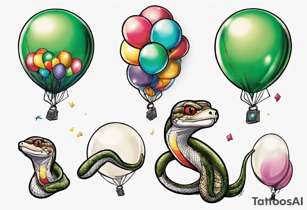 piedpython with colored ballons from movie up! aside and a green gem on the other side tattoo idea