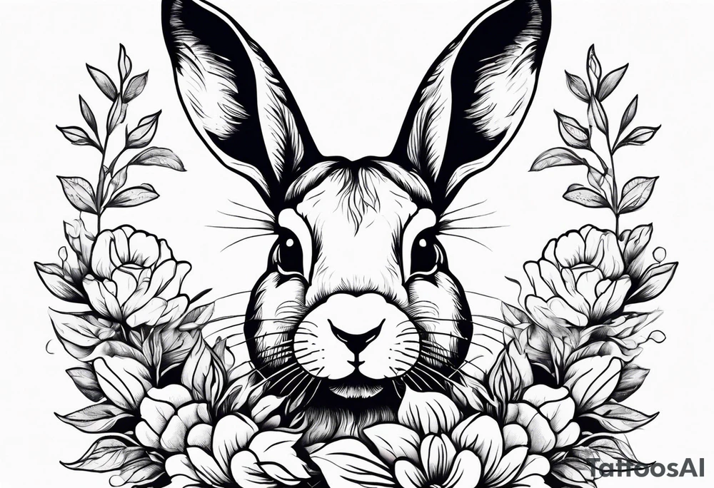 Realistic rabbit head in the middle of realistic flowers and leaves tattoo idea