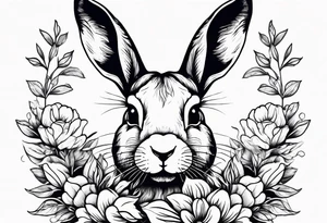 Realistic rabbit head in the middle of realistic flowers and leaves tattoo idea