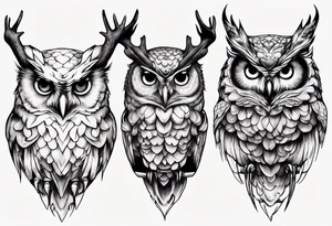 Owl with glistering eyes and antlers sticking out of it's head tattoo idea