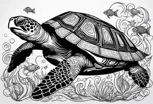 A serene turtle swimming underwater, detailed shell patterns visible, symbolizing patience and longevity.” tattoo idea