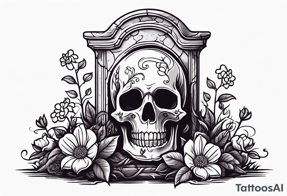 gravestone, gravestone has vines and flowers on it, skeleton hand coming out of the ground, the gravestone says “i’ll crawl home to her tattoo idea