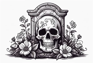 gravestone, gravestone has vines and flowers on it, skeleton hand coming out of the ground, the gravestone says “i’ll crawl home to her tattoo idea