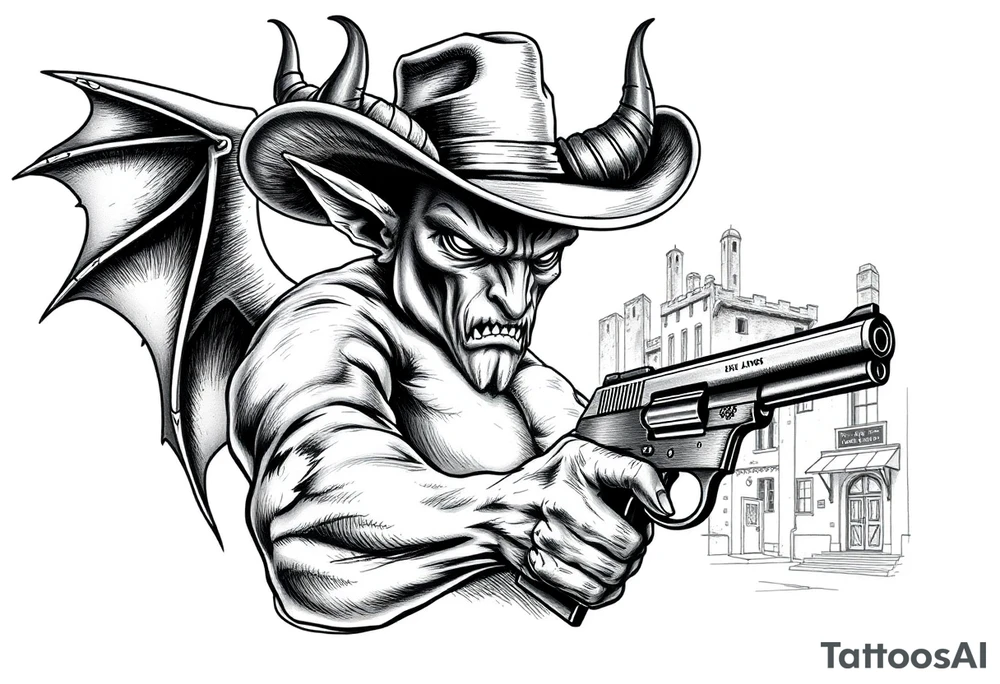 a demon with cowboy-hat ,a gun in a hand, old buildings in the background. tattoo idea