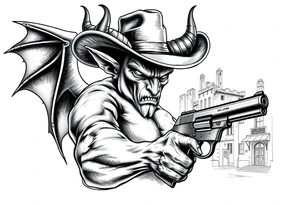 a demon with cowboy-hat ,a gun in a hand, old buildings in the background. tattoo idea