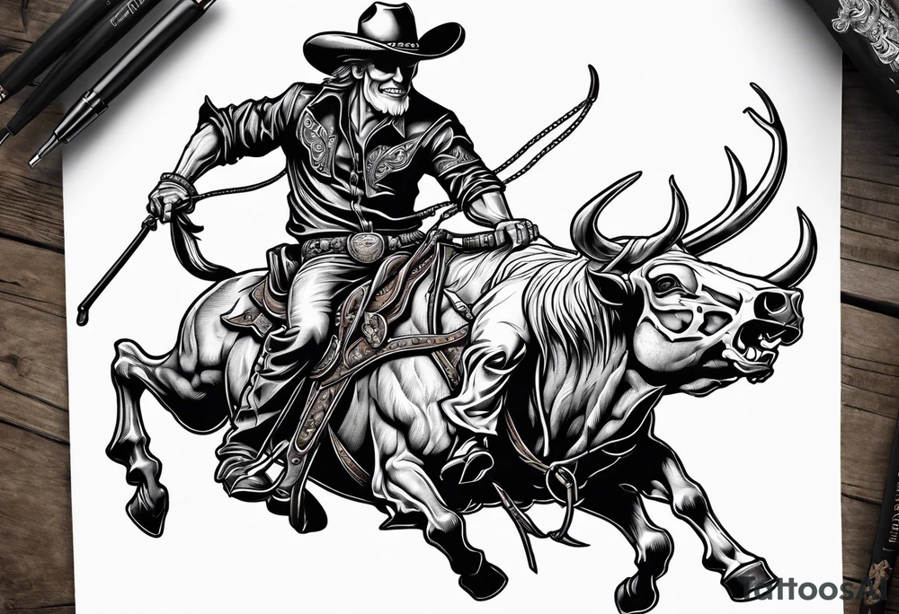 Skeleton cowboy riding bull tattoo idea