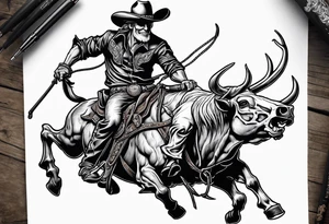 Skeleton cowboy riding bull tattoo idea