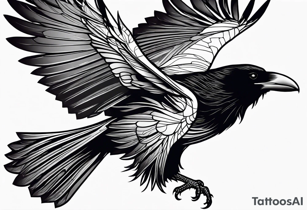 outline with straight lines of a flying raven, without grafik inside, no curves tattoo idea