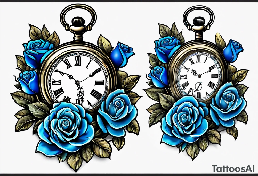 Pocket watch with blue roses tattoo idea