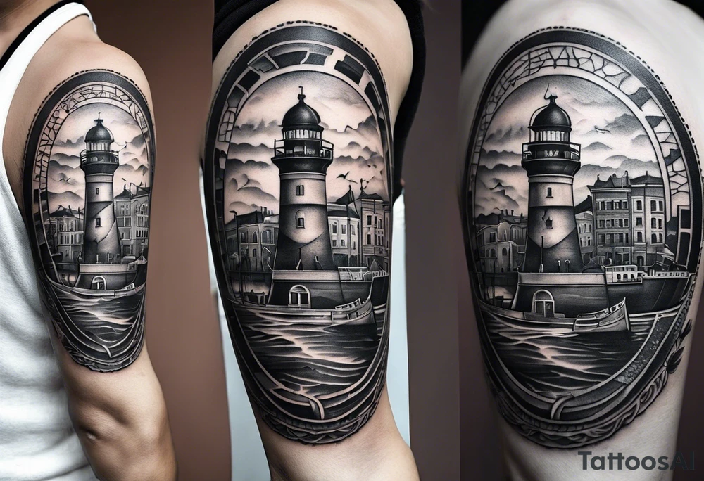 This tattoo depicts the city of Odesa. The main symbols of this city are a ship's wheel, a lighthouse, the Potemkin Stairs, the sea, the Opera House, and the cozy small streets. tattoo idea