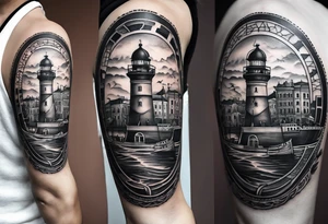 This tattoo depicts the city of Odesa. The main symbols of this city are a ship's wheel, a lighthouse, the Potemkin Stairs, the sea, the Opera House, and the cozy small streets. tattoo idea