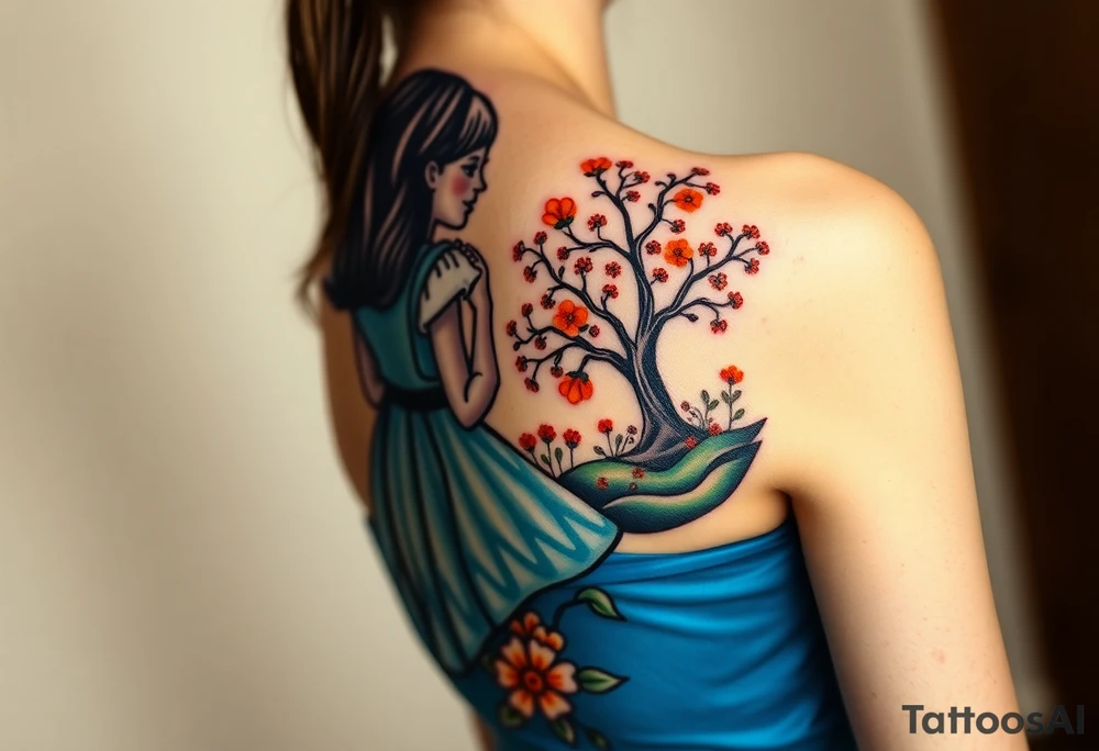 Alice (from Alice in wonderland) silhouette wearing a blue dress. Perspective from the back. She is caring a book, entering a garden with flowers and an orange tree tattoo idea