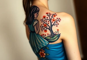 Alice (from Alice in wonderland) silhouette wearing a blue dress. Perspective from the back. She is caring a book, entering a garden with flowers and an orange tree tattoo idea