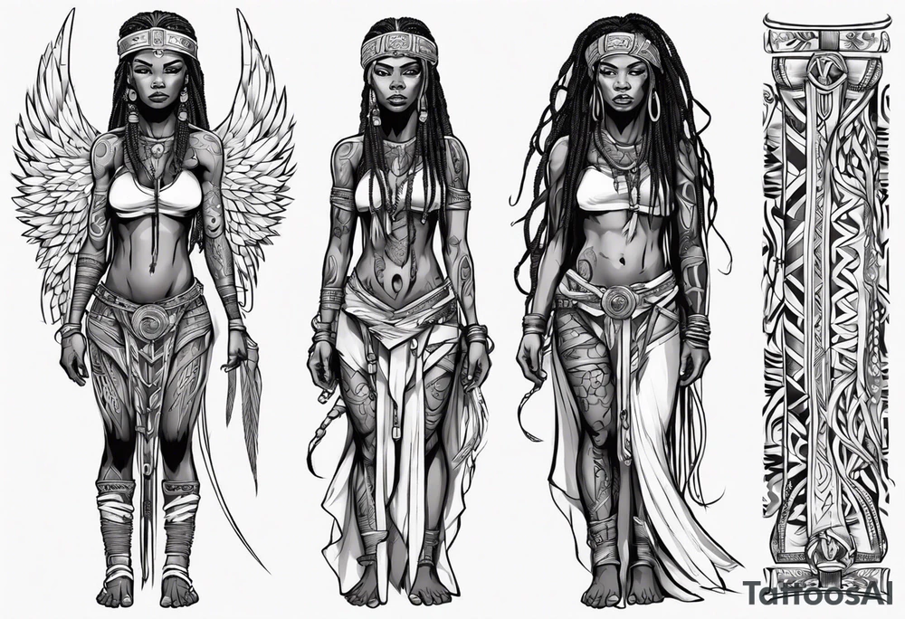African female Viking  angel full body 
slim long face small mouth long braided hair tattoo idea