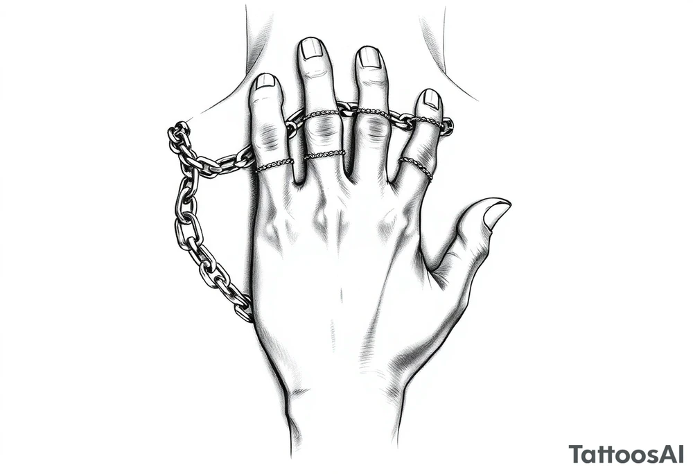 Chains surrounded around fingers to the wrist while connecting to the pointer finger and thumb tattoo idea