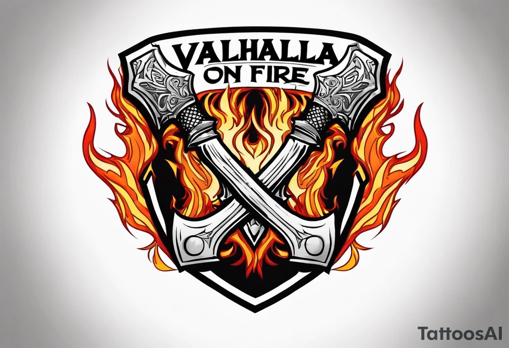 valhalla on fire sword shield axe warrior tattoo idea