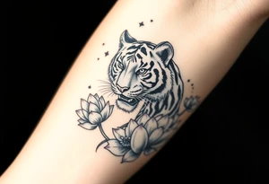 fierce tiger emerging through blooming lotus flowers in mist tattoo idea