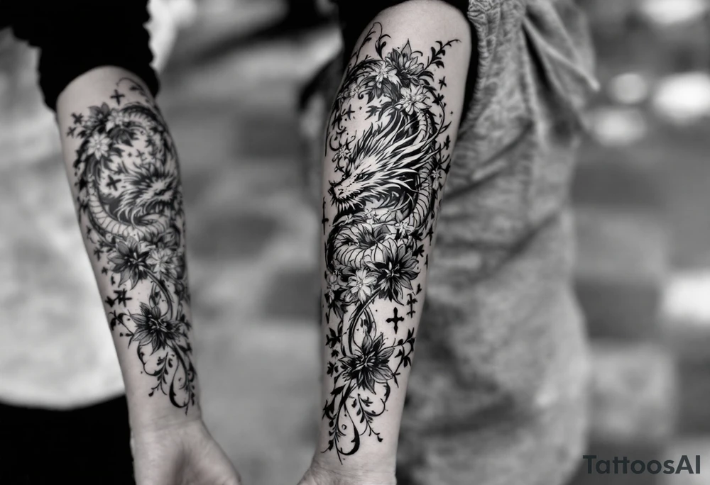 un dragon central entouré de fleurs de lys tattoo idea