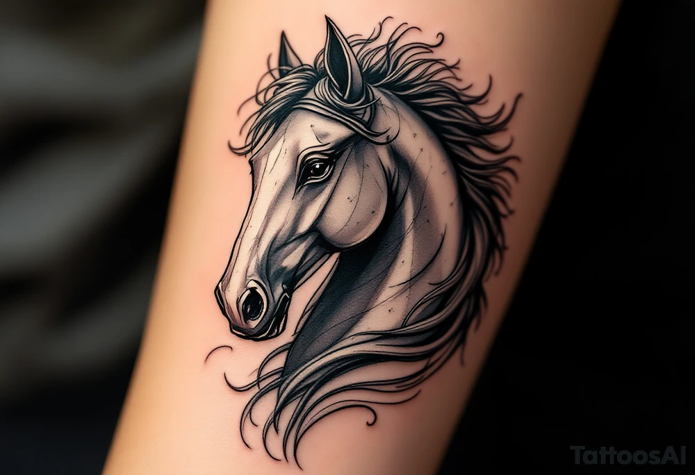 a knight of chess piece. it doesn't have legs, it's a chess piece. 
The knight piece is depicted in motion, slightly tilted forward as if it's charging or coming out of the shadows. The knight’s face is detailed but with a focus on the horse's strong features: its mane flowing in the wind, and the body etched with intricate details to represent strength and agility. The knight is emerging from a shadow, with the front part of the body illuminated in soft, warm light. The shadowed portions near the back and tail create a mystical aura. tattoo idea