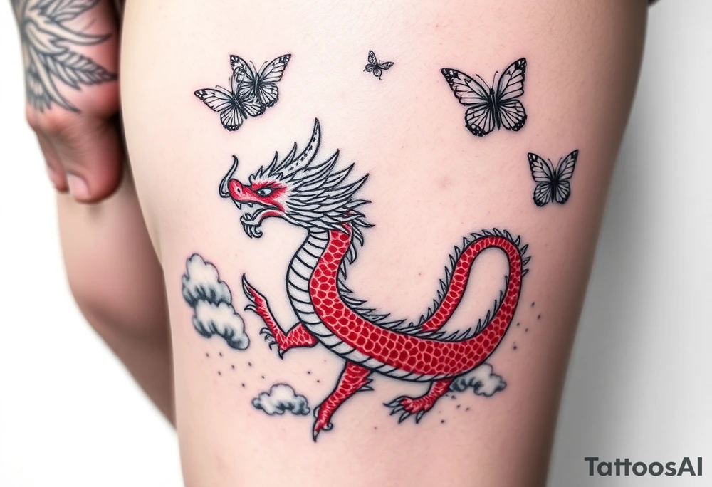 Red Chinese dragon thigh tattoo surrounded by clouds and butterflies.. make it cohesive tattoo idea