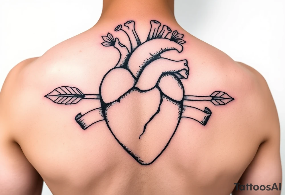 anatomical heart pierced by ornate arrow with flowing ribbons tattoo idea