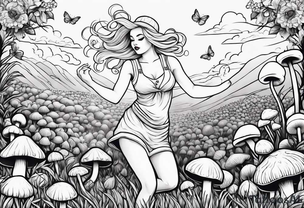 Blonde chubby Girl dancing in field of mushrooms tattoo idea