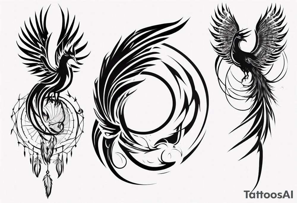 Vertical angry flying Phoenix with wings blending into circles and a long abstract dream catcher feather tail tattoo idea