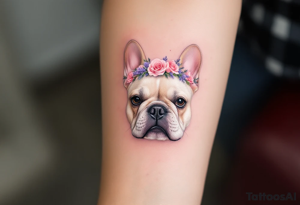 French Bulldog with a flower crown, made of soft pink roses and lavender, on a white and light tan dog with delicate dot shading. tattoo idea