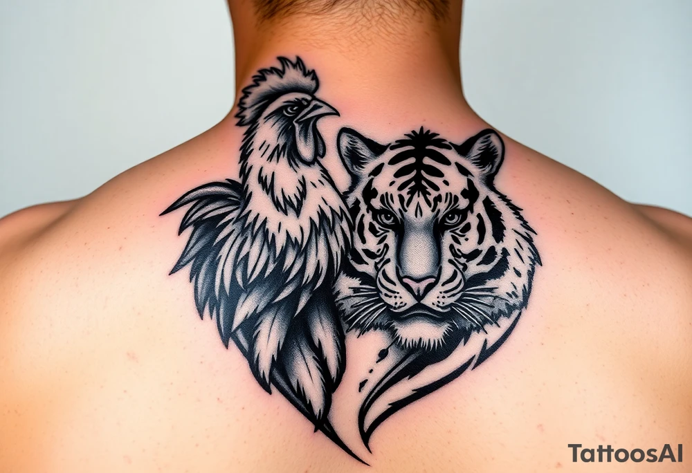 Rooster dog and tiger together tattoo idea