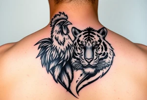 Rooster dog and tiger together tattoo idea