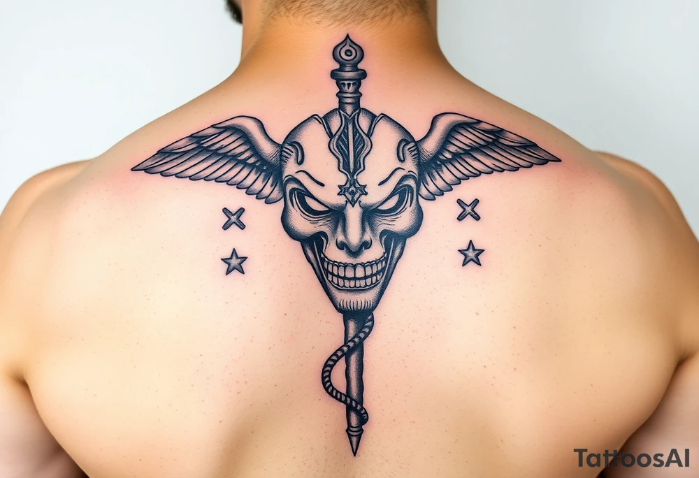caduceus with greek symbols around. Comedy tragédiu dráma maska tattoo idea