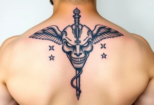 caduceus with greek symbols around. Comedy tragédiu dráma maska tattoo idea