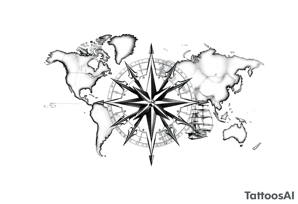 antique compass rose overlaid on weathered world map with sailing ships tattoo idea