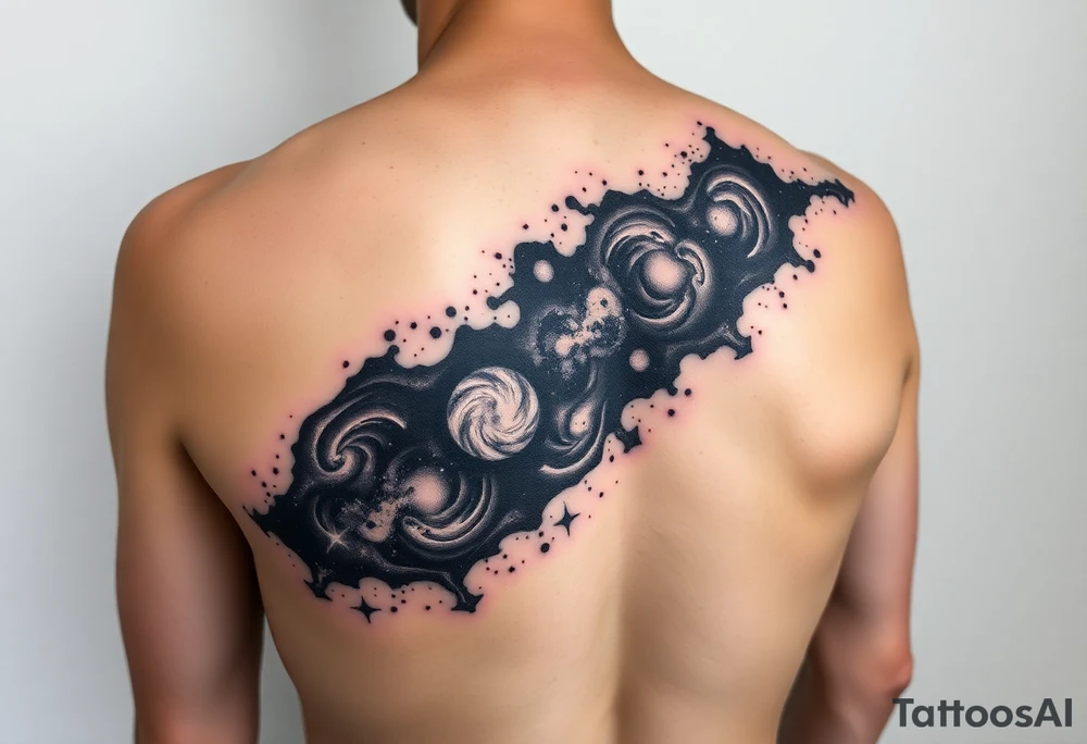 Beautiful and epic 3d milky way that appears to be what is beneath the skin. Make it drape over the shoulder and move to the middle back. use negative spaces to create stars and dust. Incorporate God breathing life into the universe. Keep it symmetrical tattoo idea