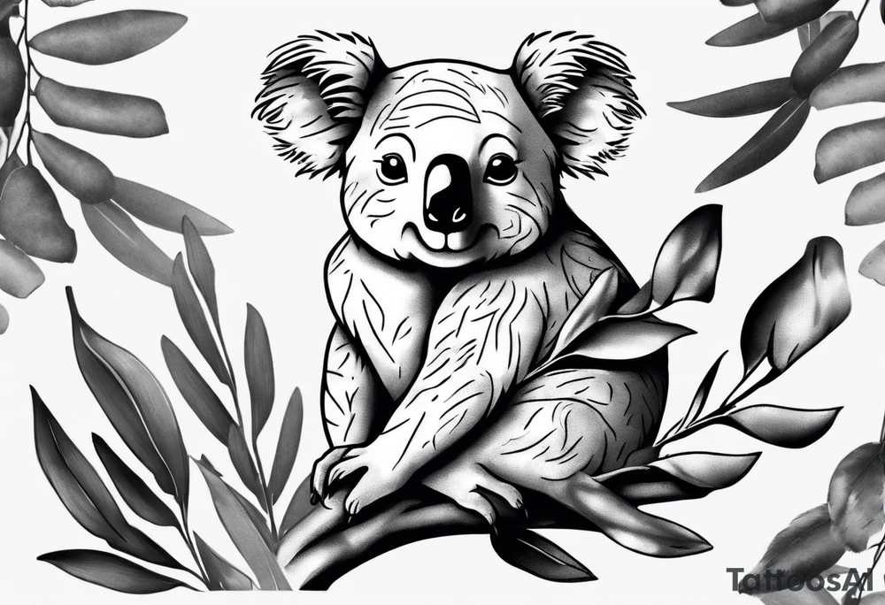 a koala and kookaburra both sitting on wattle and eucalyptus leaves tattoo idea