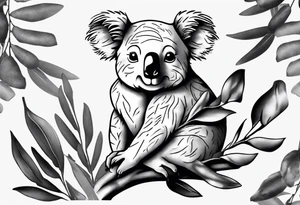 a koala and kookaburra both sitting on wattle and eucalyptus leaves tattoo idea