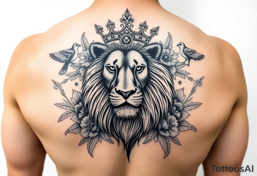 powerful majestic lion with a crown, surrounded by floral ornaments and birds tattoo idea