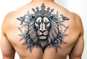 powerful majestic lion with a crown, surrounded by floral ornaments and birds tattoo idea