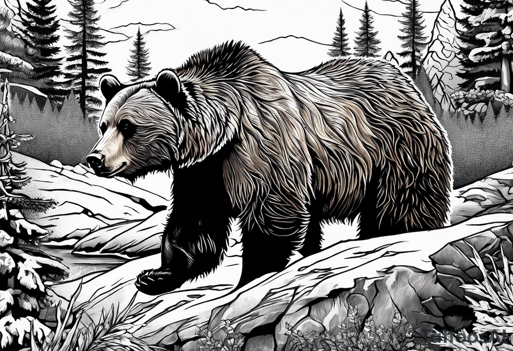 grizzly bear mountain forest tattoo idea