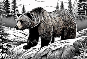 grizzly bear mountain forest tattoo idea