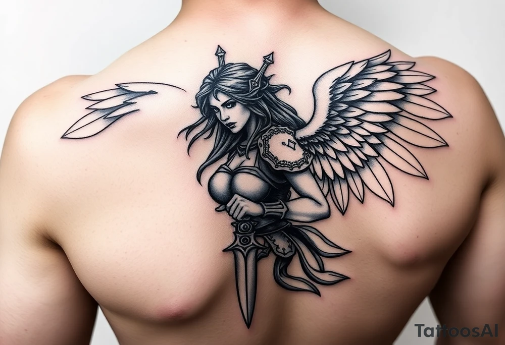 Fierce Female Angel warrior with dagger Greek style with dark shading tattoo idea