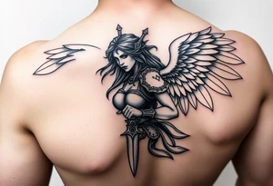 Fierce Female Angel warrior with dagger Greek style with dark shading tattoo idea