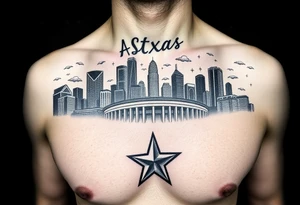 Houston texas skyline Behind houston astrodome, stars nighttime stars and clouds, Houston Astros cursive in sky, Houston Astros star on neck, Benjamin Franklin money roll space suit tattoo idea