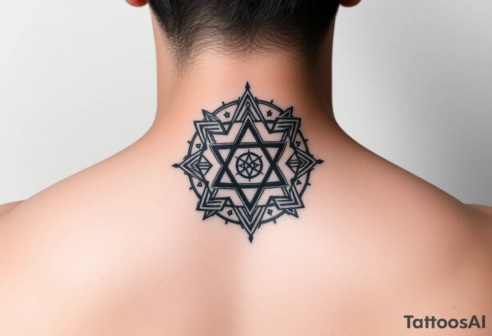 wide sacred geometry throat tattoo with several symbols combined tattoo idea